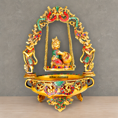 Brass Krishna Gopal Urli Swing Jhula with Stone work Nikuressence