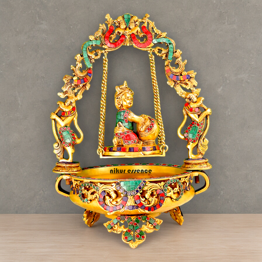Brass Krishna Gopal Urli Swing Jhula with Stone work Nikuressence