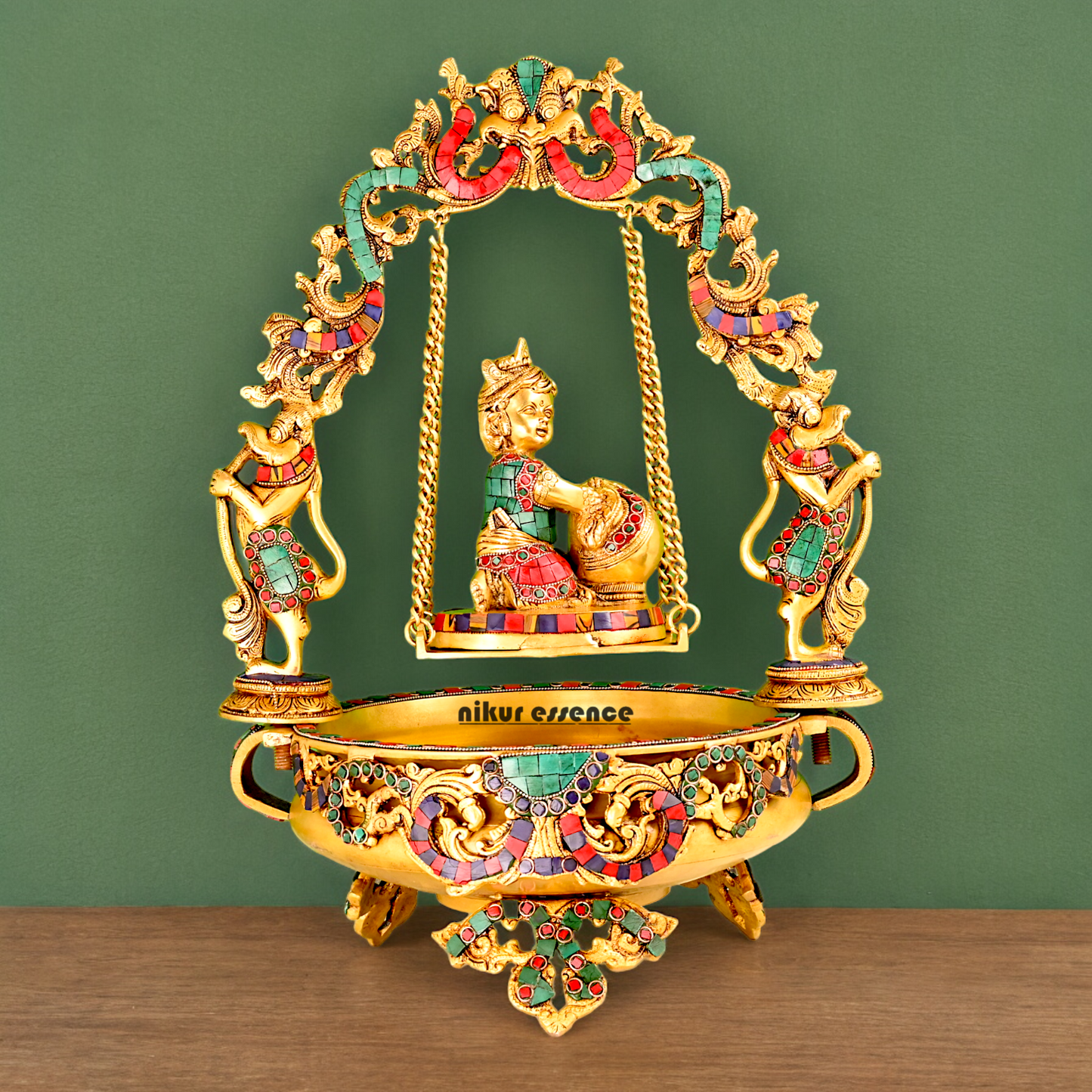 Brass Krishna Gopal Urli Swing Jhula with Stone work Nikuressence