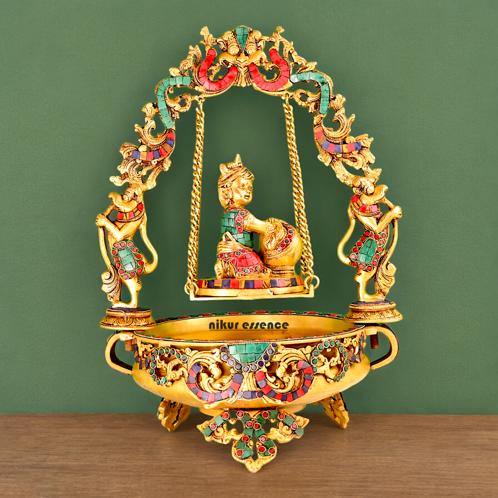 Brass Krishna Gopal Urli Swing Jhula with Stone work Nikuressence