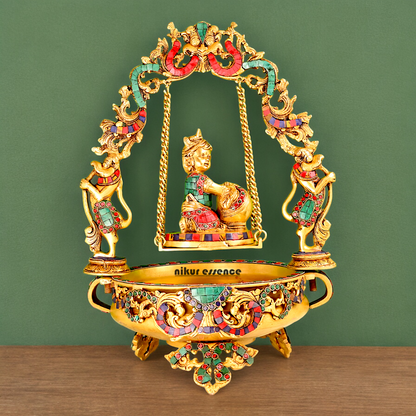 Brass Krishna Gopal Urli Swing Jhula with Stone work Nikuressence