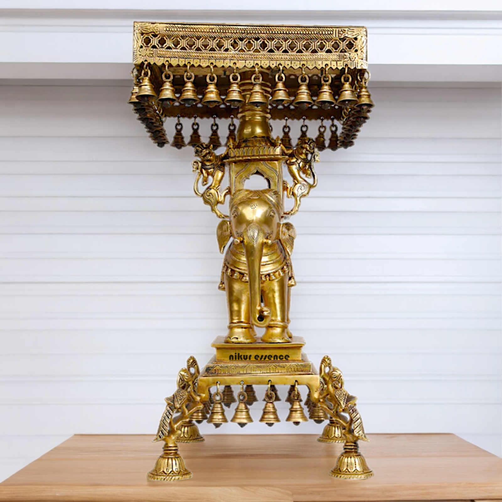 Online Solid Brass Elephant chowki with Bells - 23 inches Nikuressence