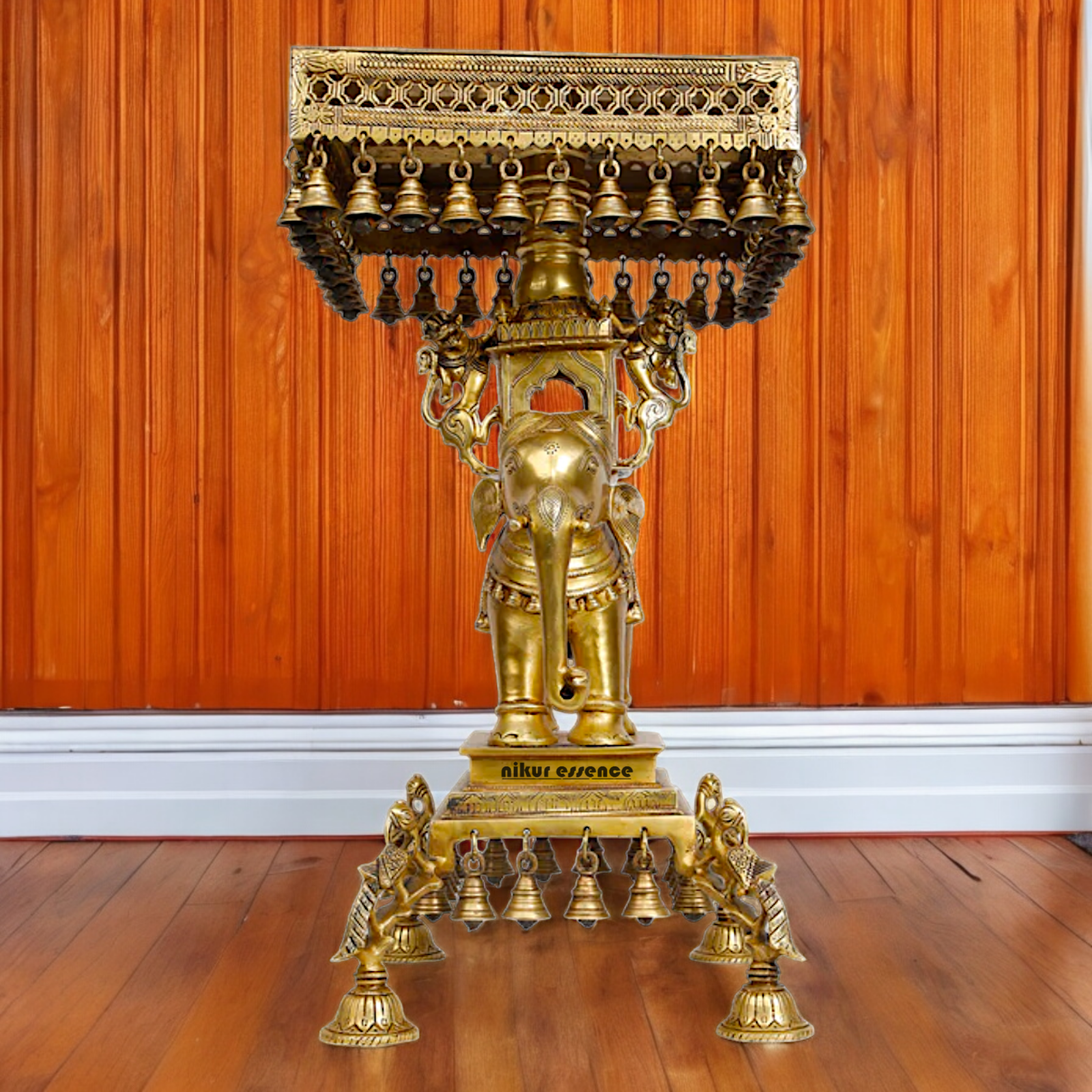 Online Solid Brass Elephant chowki with Bells - 23 inches Nikuressence