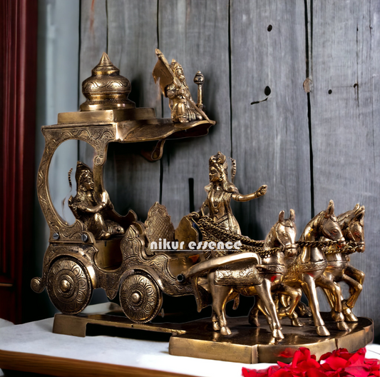 Brass Lord Krishna Arjun chariot on Rath Hanuman statue - 40.5 cm Nikuressence