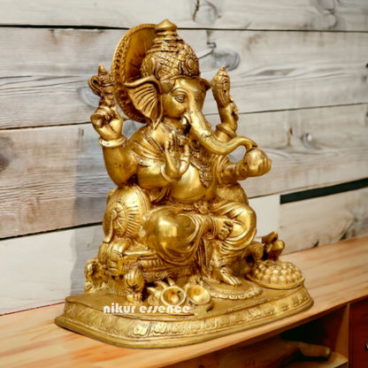 Solid Brass Ganesh Ganpati sitting on singhasan Idol - 13 inches Nikuressence