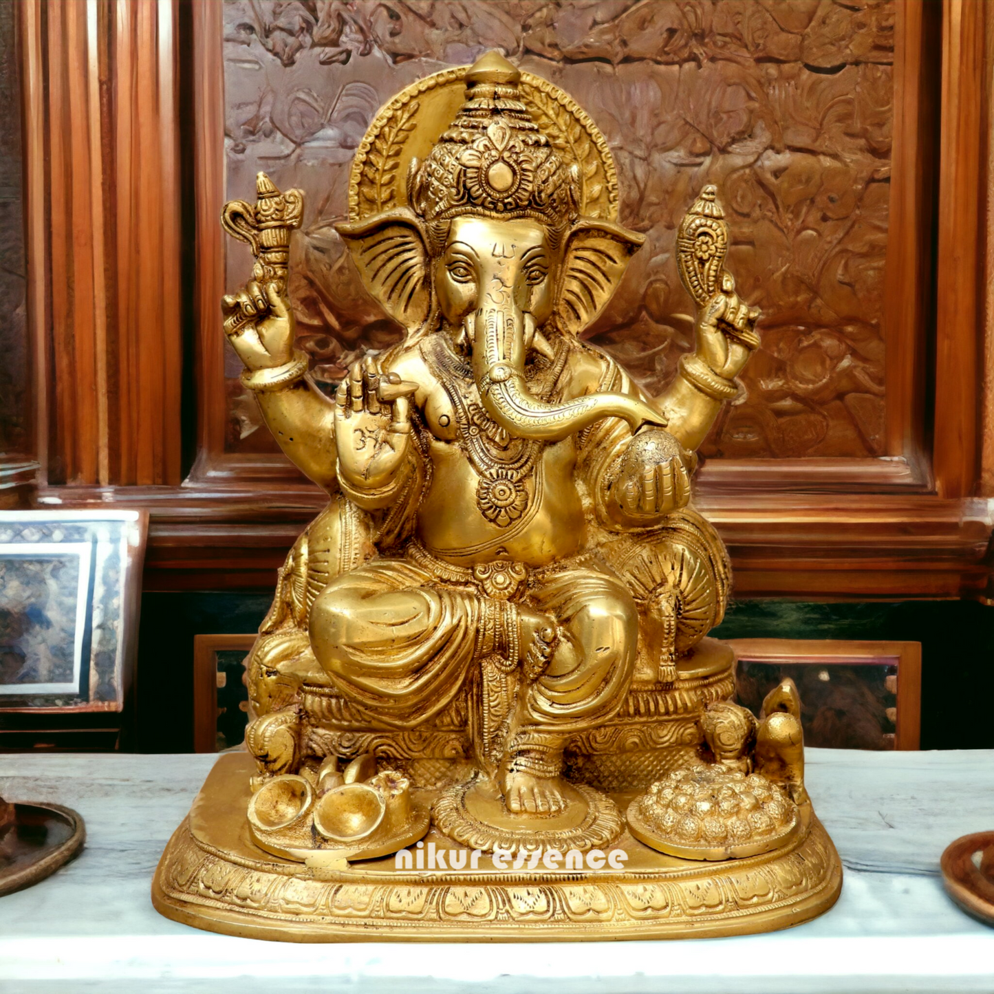 Solid Brass Ganesh Ganpati sitting on singhasan Idol - 13 inches Nikuressence