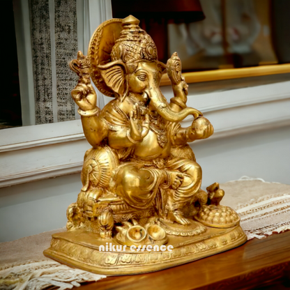 Solid Brass Ganesh Ganpati sitting on singhasan Idol - 13 inches Nikuressence