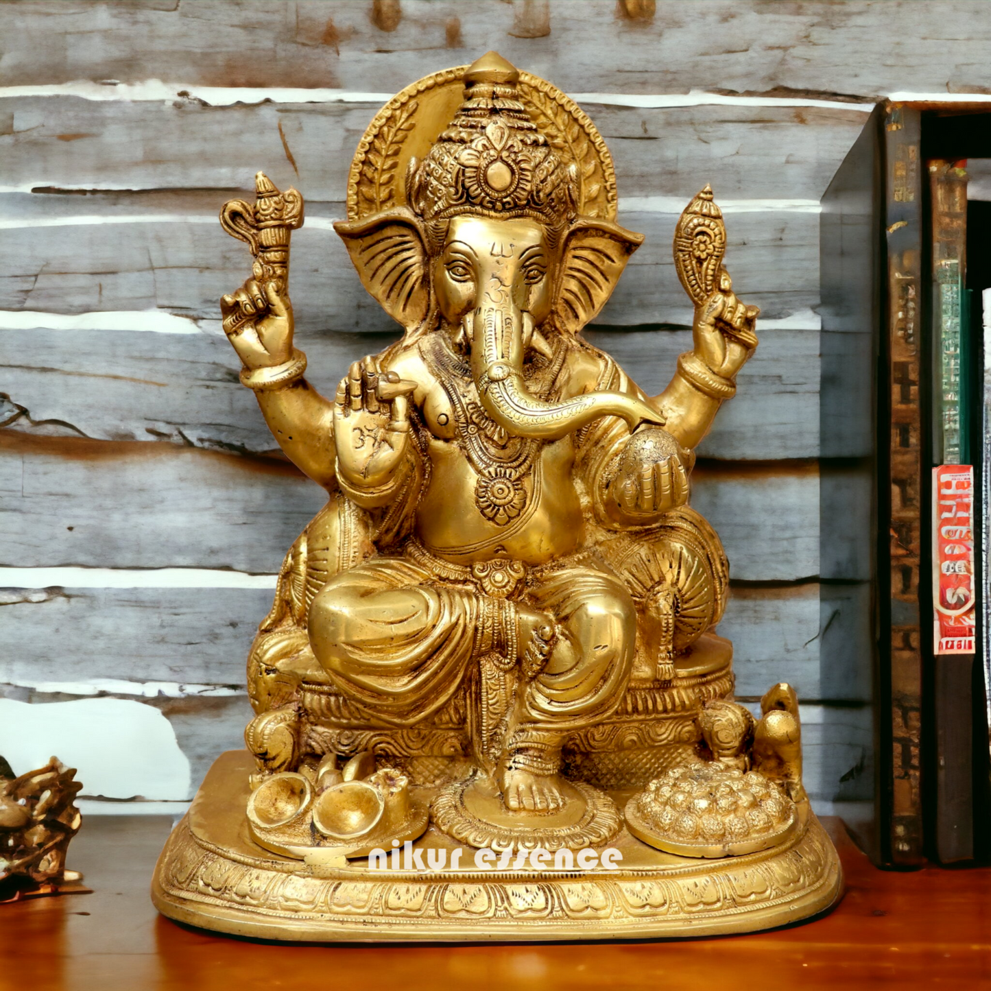 Solid Brass Ganesh Ganpati sitting on singhasan Idol - 13 inches Nikuressence