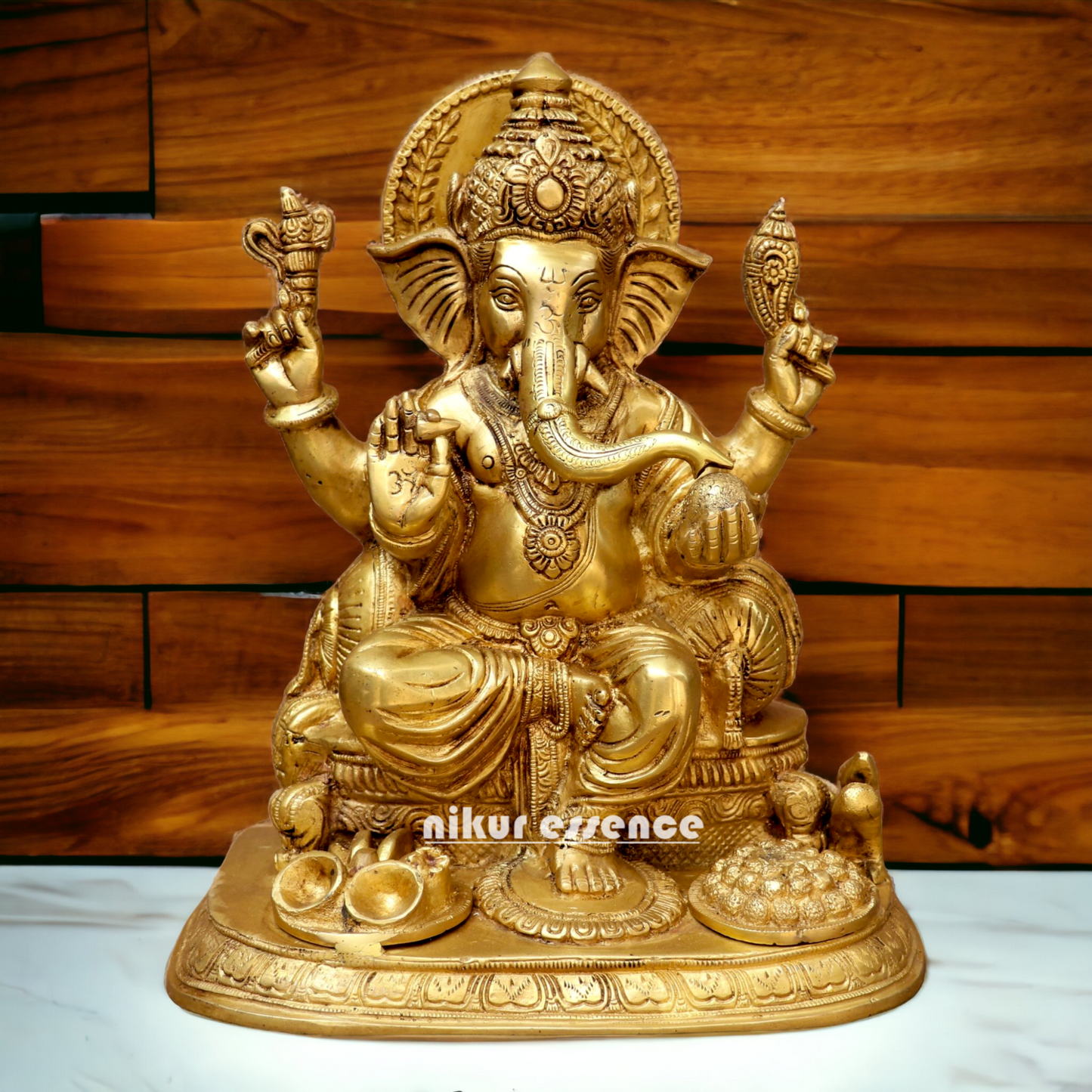 Solid Brass Ganesh Ganpati sitting on singhasan Idol - 13 inches Nikuressence