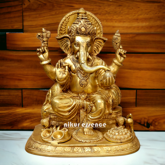 Solid Brass Ganesh Ganpati sitting on singhasan Idol - 13 inches Nikuressence