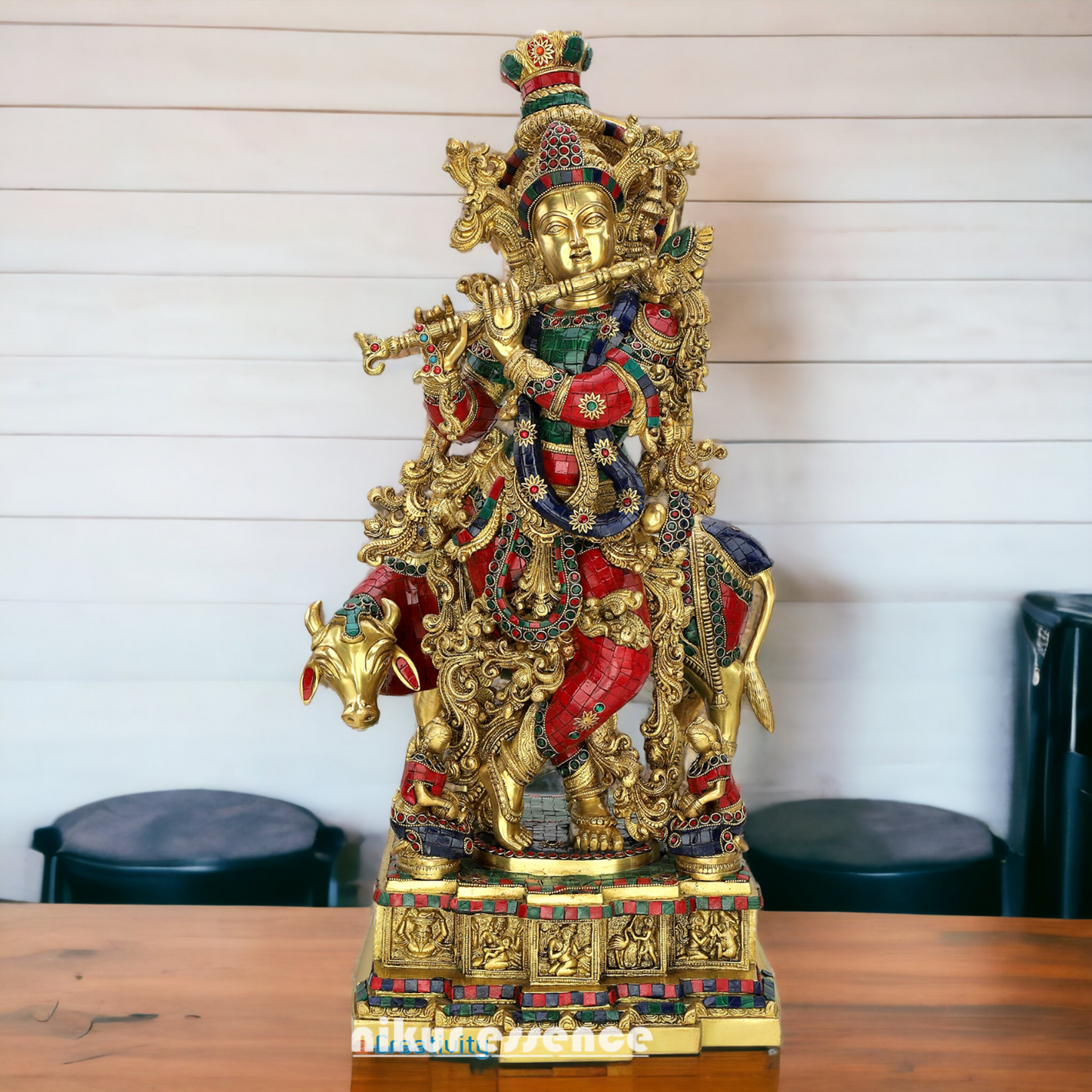 Buy Brass krishna Standing Cow flute with stone work - 29 inches Nikuressence