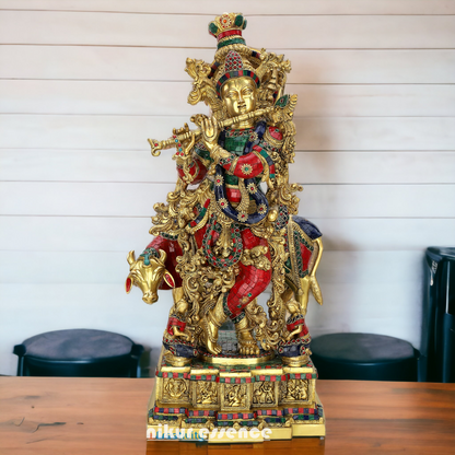 Buy Brass krishna Standing Cow flute with stone work - 29 inches Nikuressence