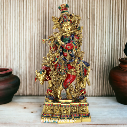 Buy Brass krishna Standing Cow flute with stone work - 29 inches Nikuressence