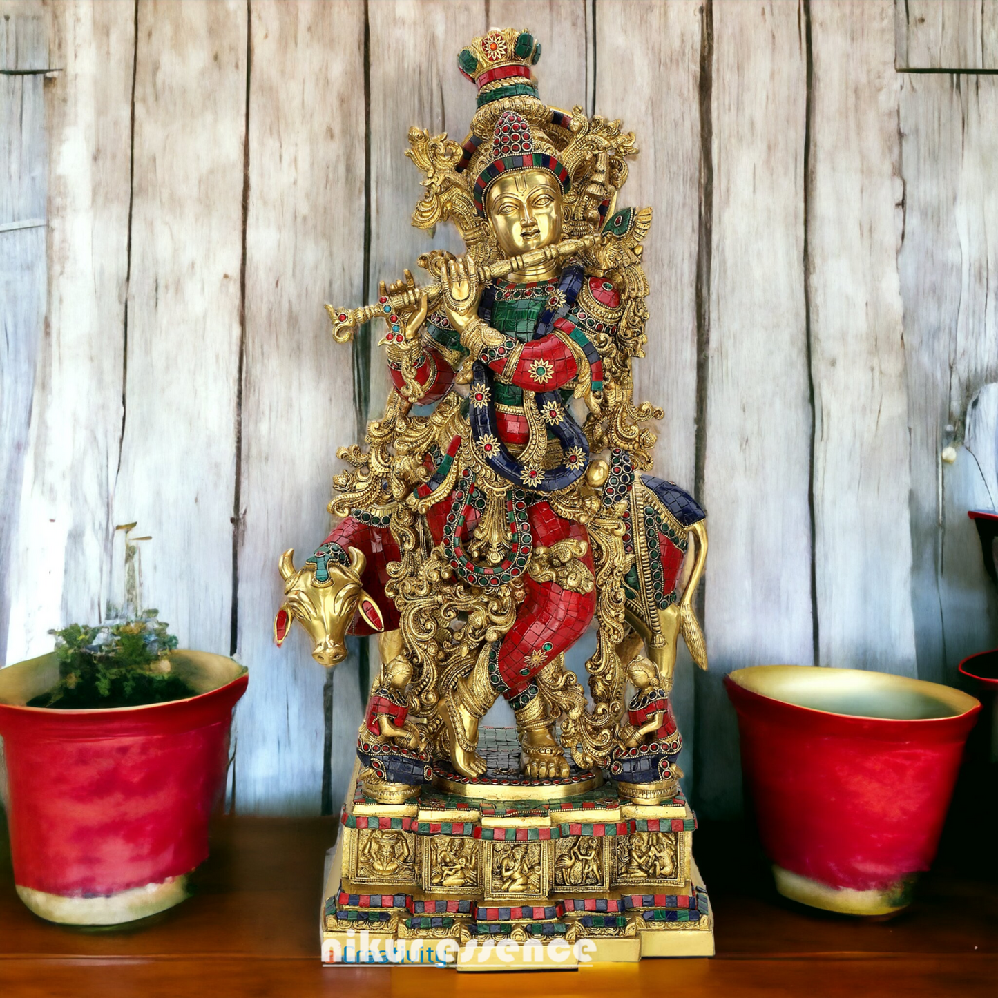 Buy Brass krishna Standing Cow flute with stone work - 29 inches Nikuressence