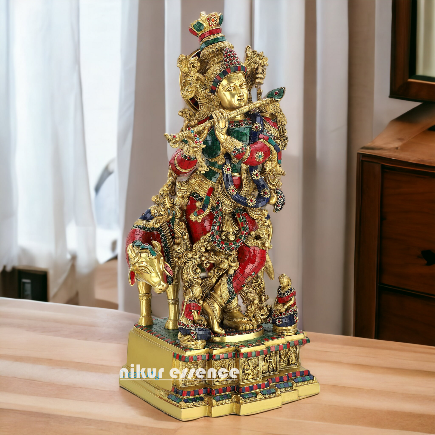 Buy Brass krishna Standing Cow flute with stone work - 29 inches Nikuressence