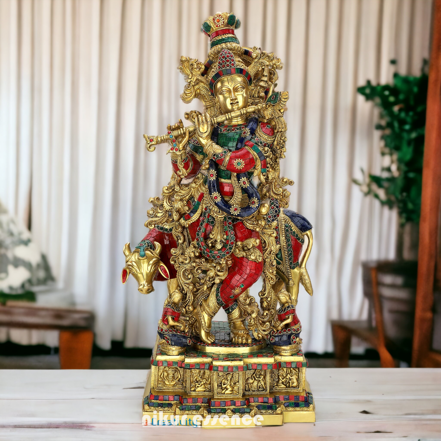 Buy Brass krishna Standing Cow flute with stone work - 29 inches Nikuressence