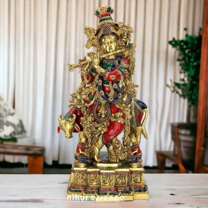 Buy Brass krishna Standing Cow flute with stone work - 29 inches Nikuressence