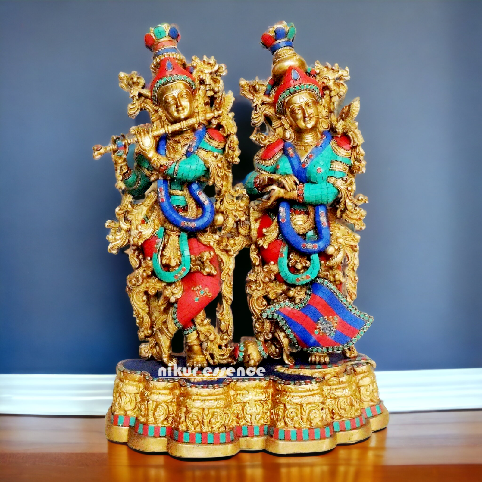 Large Brass Radha Krishna with Stone Work Idol - 29 inches Nikuressence