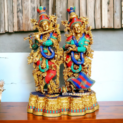 Large Brass Radha Krishna with Stone Work Idol - 29 inches Nikuressence