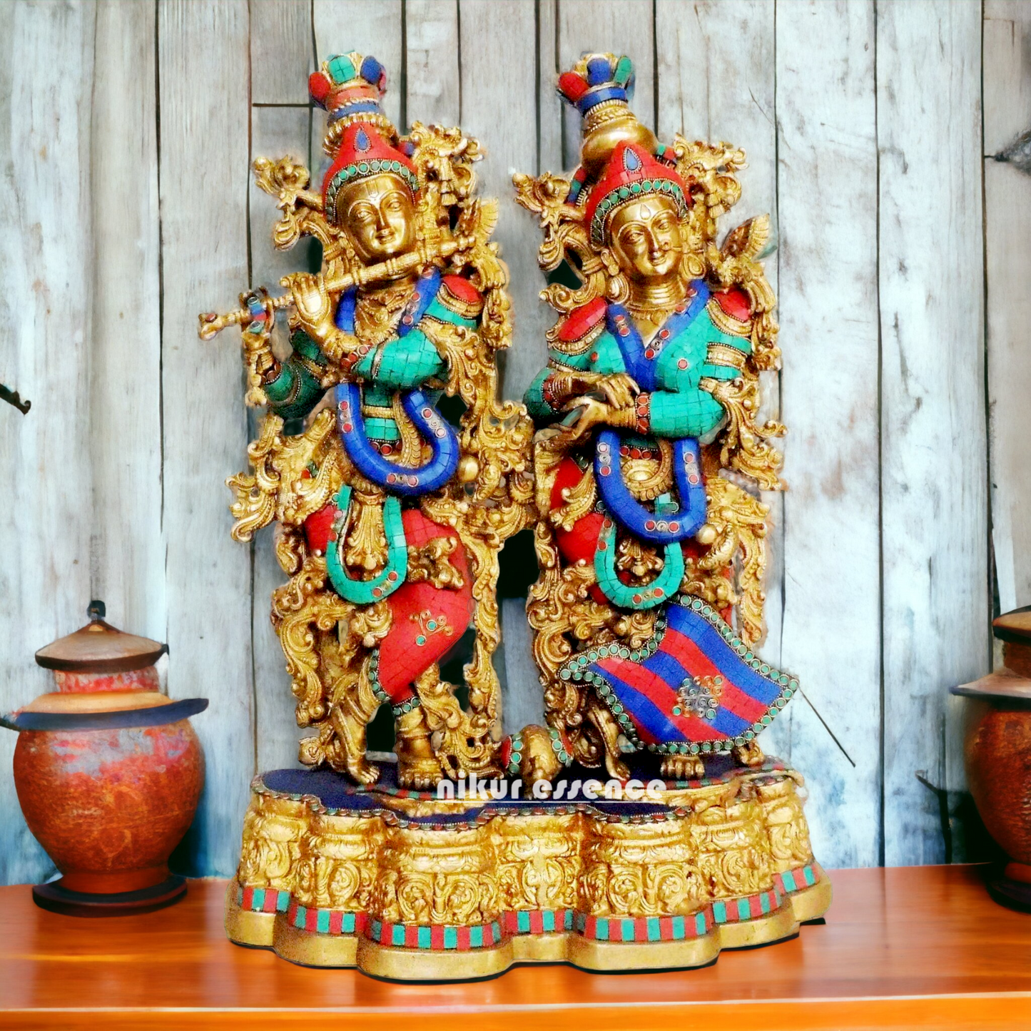 Large Brass Radha Krishna with Stone Work Idol - 29 inches Nikuressence
