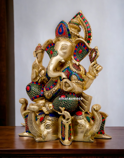 Large Brass Ganesh Sitting on Gajapati Idol with Stone work - 43 cm Nikuressence