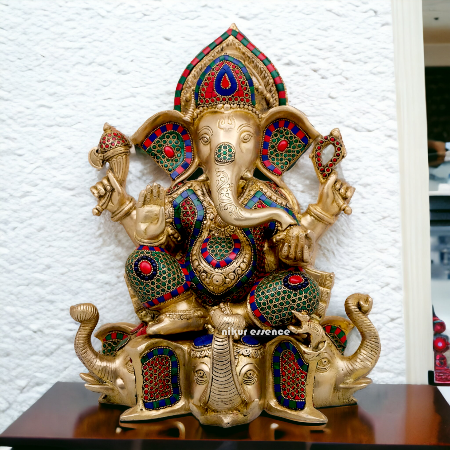 Large Brass Ganesh Sitting on Gajapati Idol with Stone work - 43 cm Nikuressence