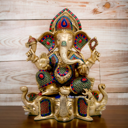 Large Brass Ganesh Sitting on Gajapati Idol with Stone work - 43 cm Nikuressence