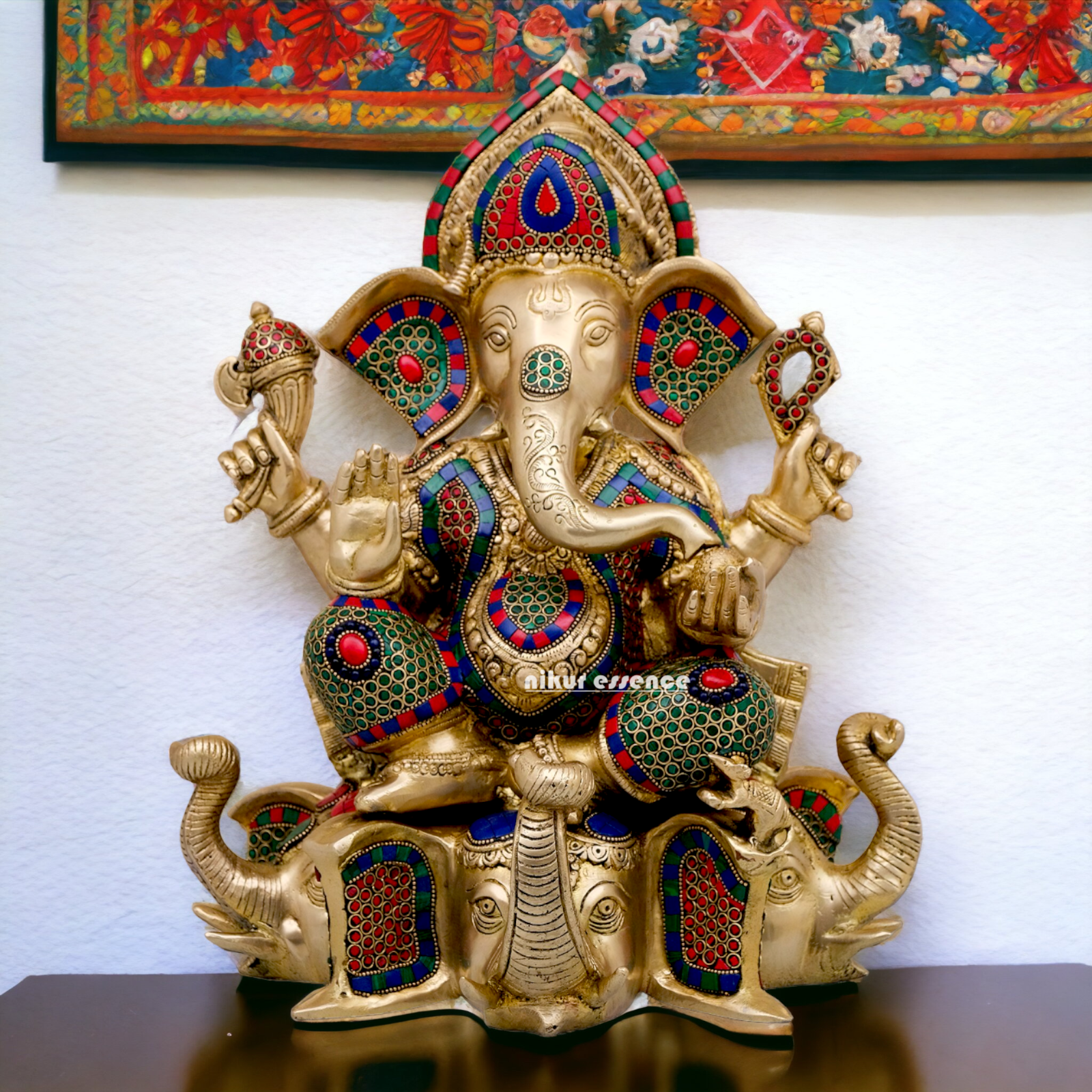 Large Brass Ganesh Sitting on Gajapati Idol with Stone work - 43 cm Nikuressence