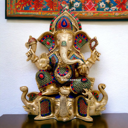 Large Brass Ganesh Sitting on Gajapati Idol with Stone work - 43 cm Nikuressence