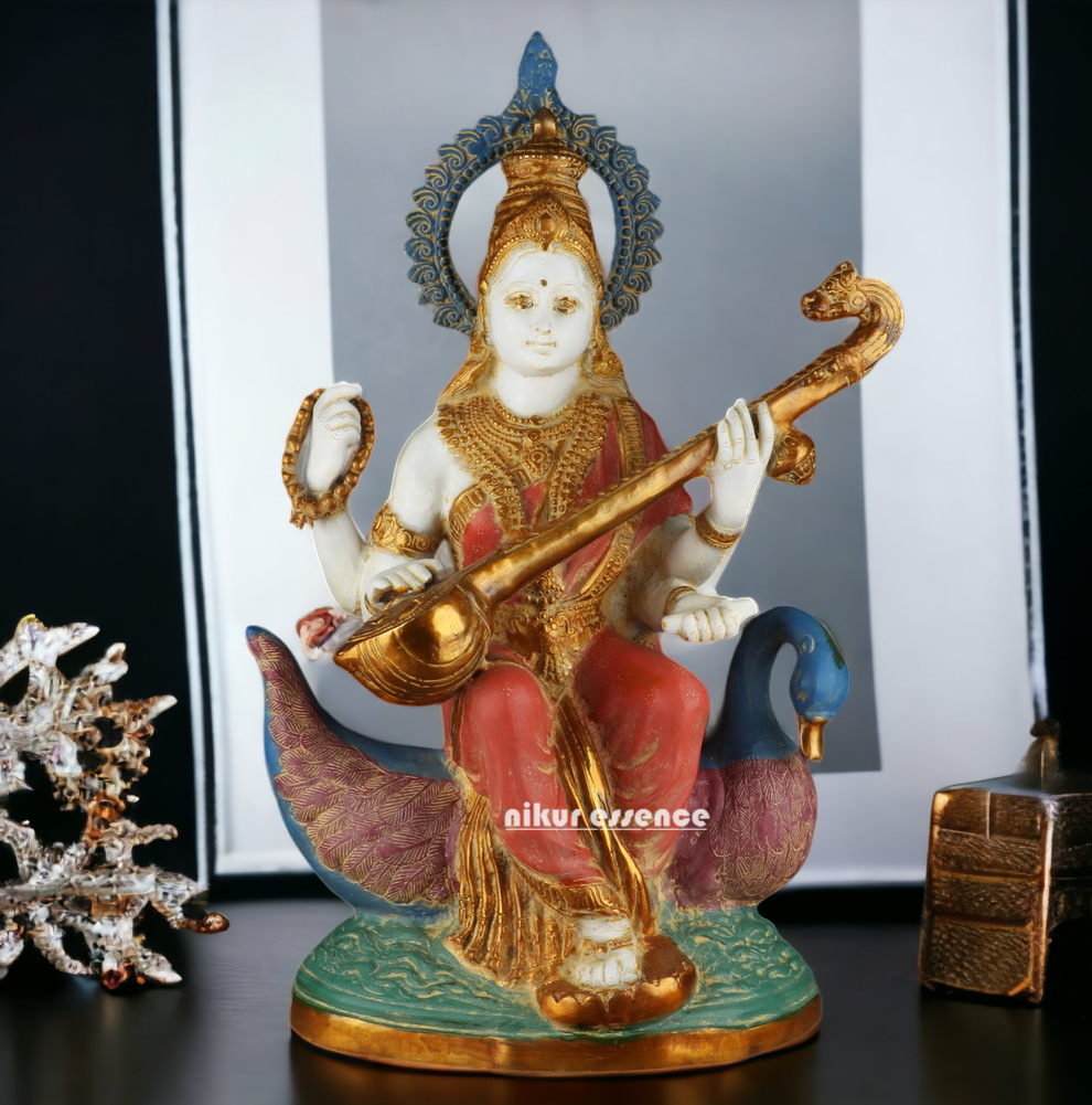 Online Brass Saraswati Sitting on Swan Idol - 28 inches Nikuressence