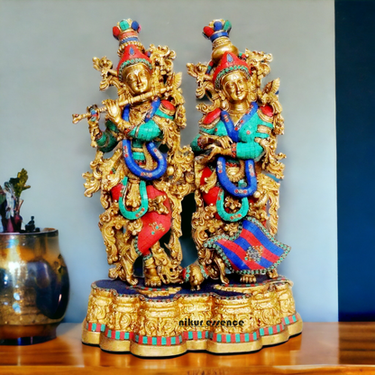 Large Brass Radha Krishna with Stone Work Idol - 29 inches Nikuressence