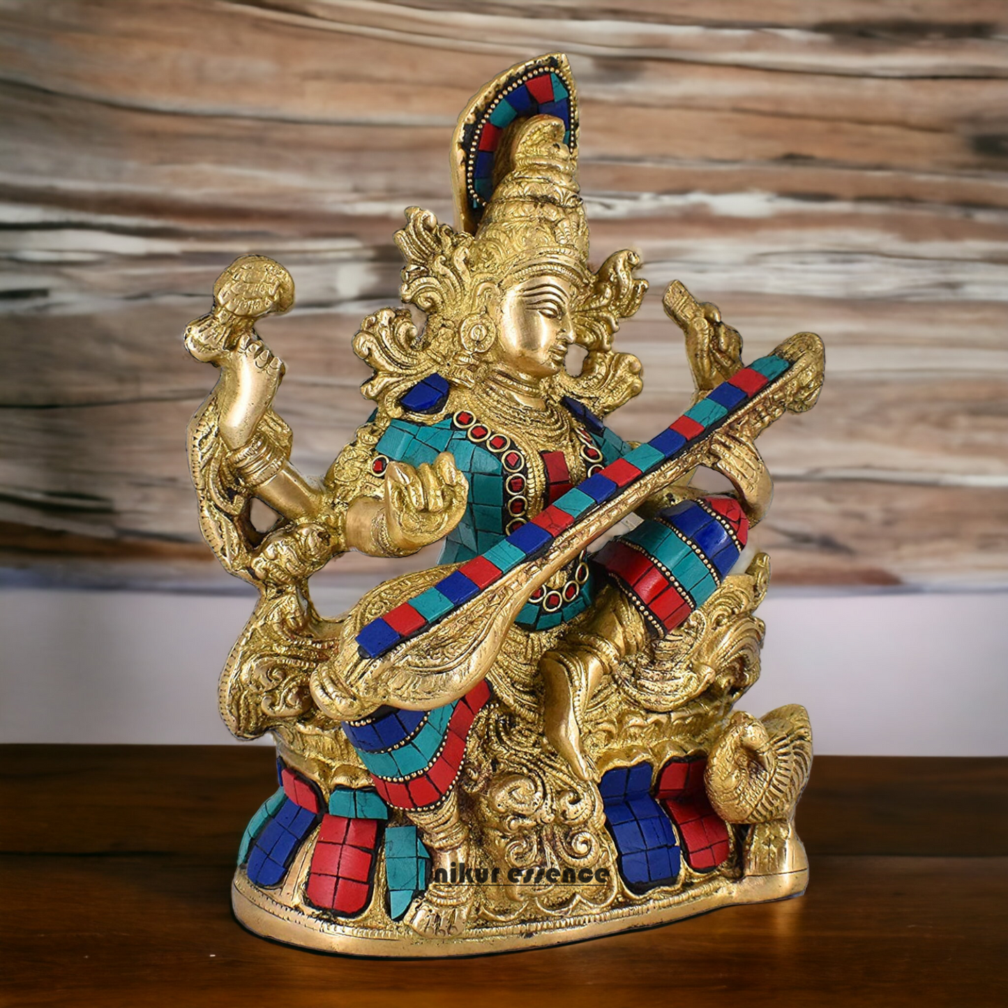 online Brass Saraswati Sitting playing veena idol with Stone work - 11.5 inches Nikuressence