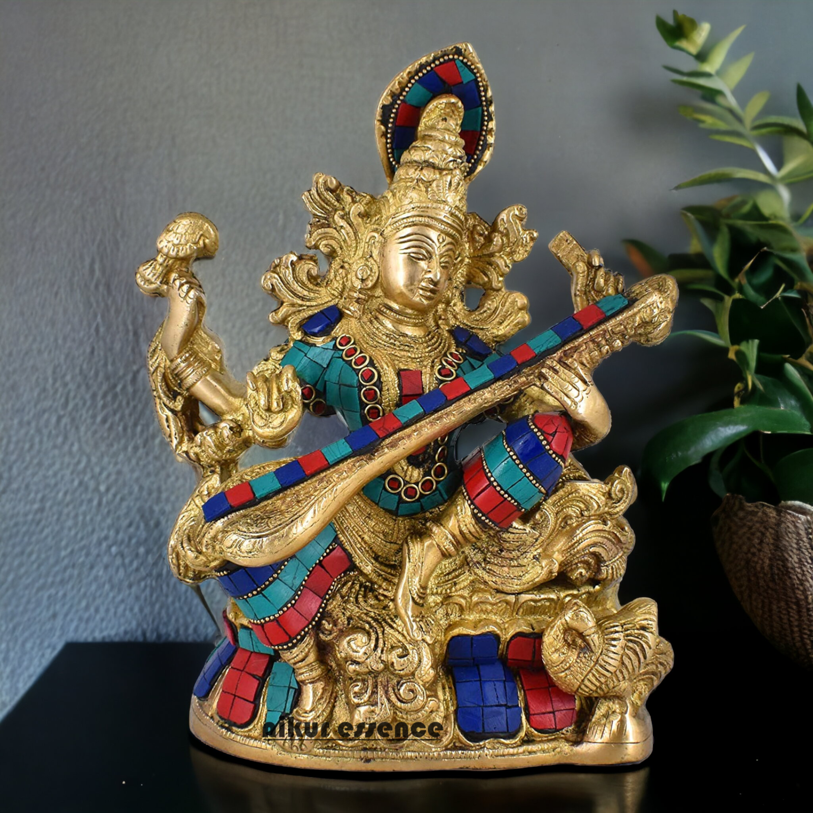 online Brass Saraswati Sitting playing veena idol with Stone work - 11.5 inches Nikuressence