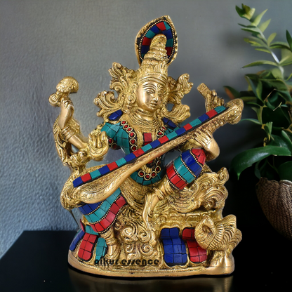 online Brass Saraswati Sitting playing veena idol with Stone work - 11.5 inches Nikuressence