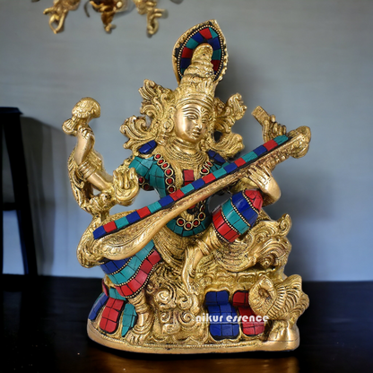 online Brass Saraswati Sitting playing veena idol with Stone work - 11.5 inches Nikuressence