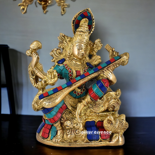 online Brass Saraswati Sitting playing veena idol with Stone work - 11.5 inches Nikuressence