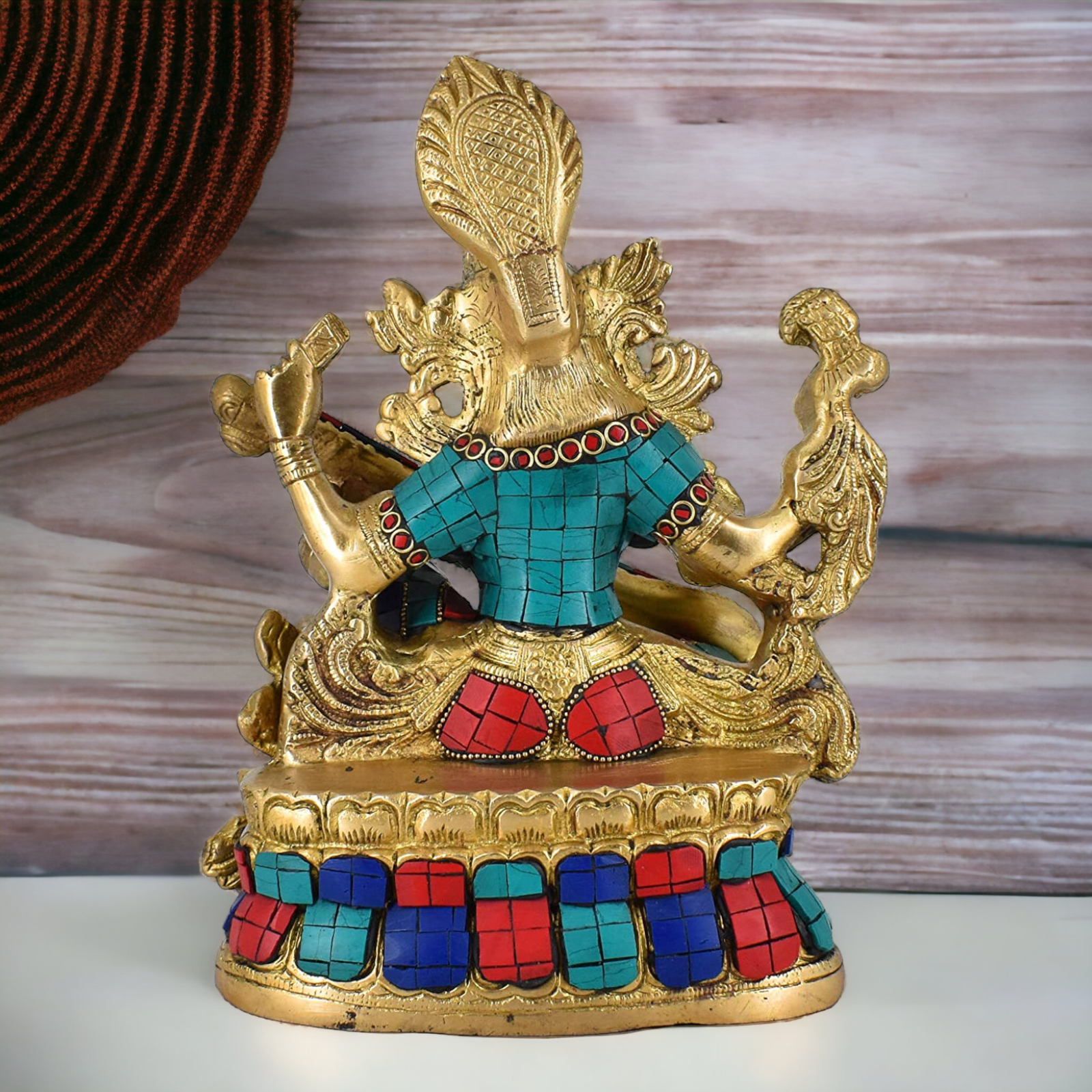 online Brass Saraswati Sitting playing veena idol with Stone work - 11.5 inches Nikuressence