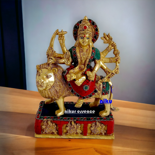 Brass Durga maa Sitting on Lion Idol with stone work - 11 inches Nikuressence