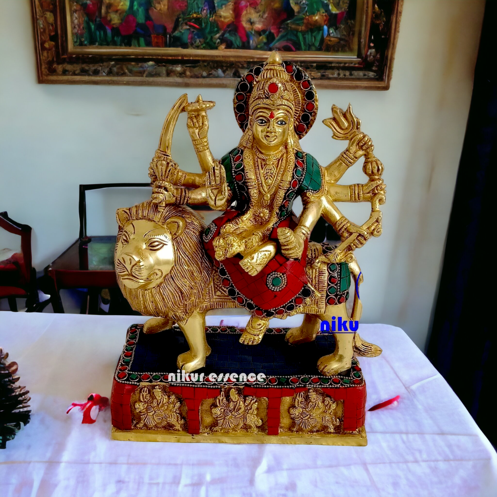 Brass Durga maa Sitting on Lion Idol with stone work - 11 inches Nikuressence