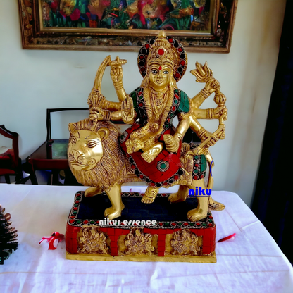 Brass Durga maa Sitting on Lion Idol with stone work - 11 inches Nikuressence