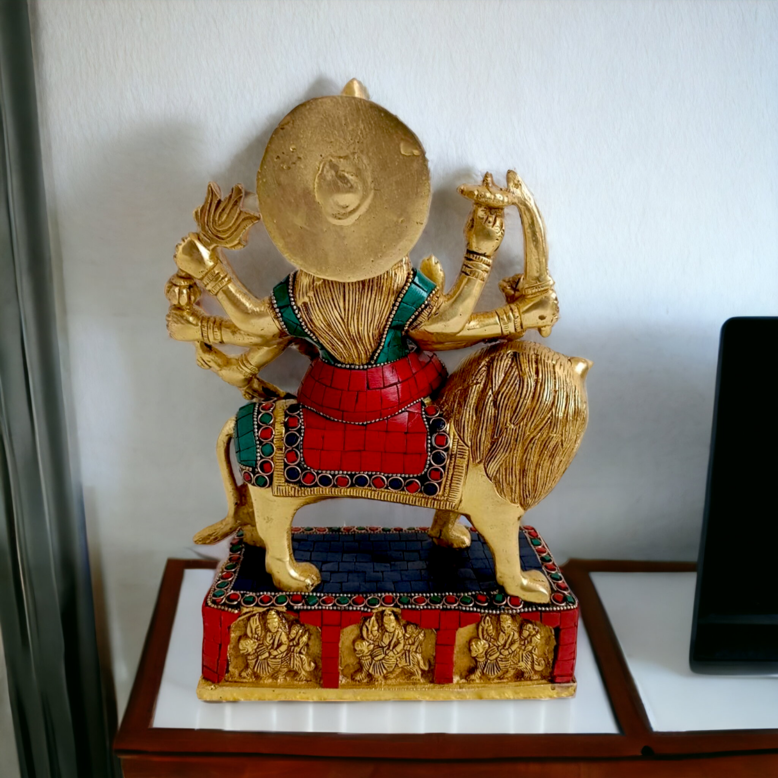 Brass Durga maa Sitting on Lion Idol with stone work - 11 inches Nikuressence