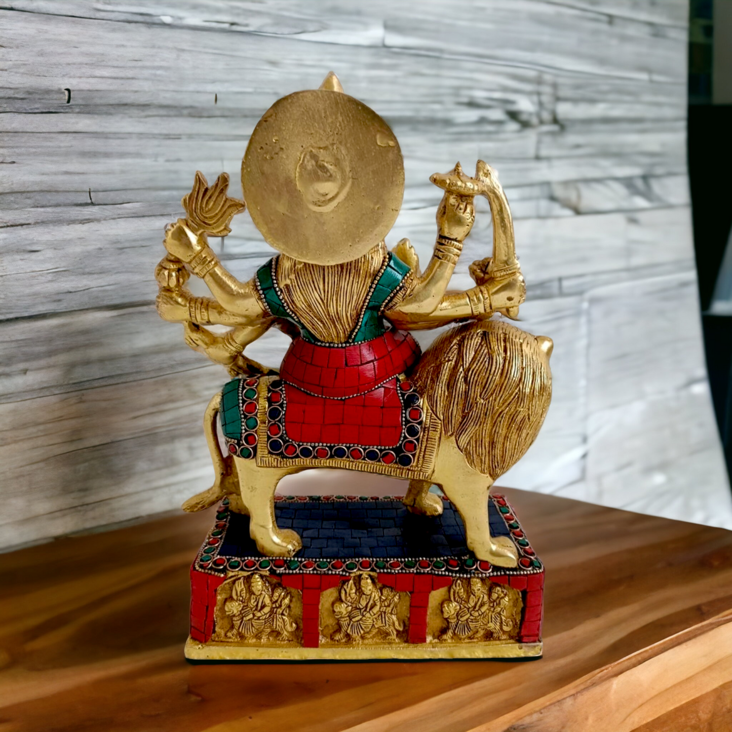 Brass Durga maa Sitting on Lion Idol with stone work - 11 inches Nikuressence
