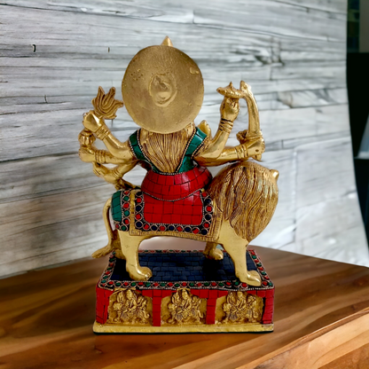 Brass Durga maa Sitting on Lion Idol with stone work - 11 inches Nikuressence