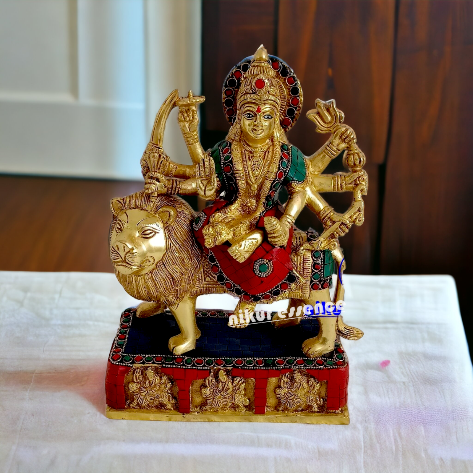 Brass Durga maa Sitting on Lion Idol with stone work - 11 inches Nikuressence