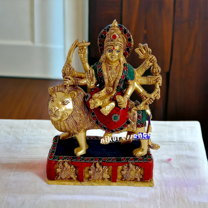 Brass Durga maa Sitting on Lion Idol with stone work - 11 inches Nikuressence