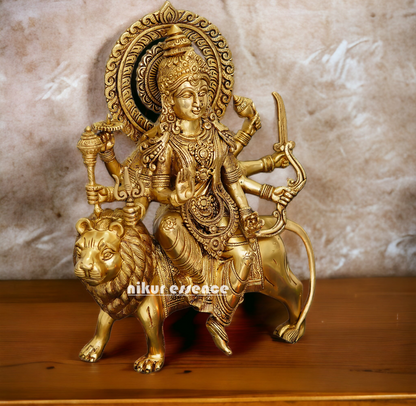 Pure Brass Durga sitting on Lion Idol - 12 inch Nikuressence