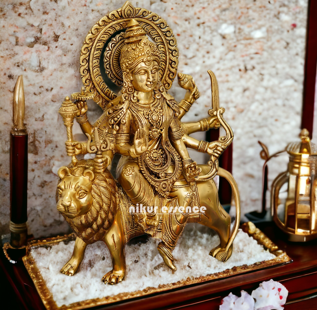Pure Brass Durga sitting on Lion Idol - 12 inch Nikuressence