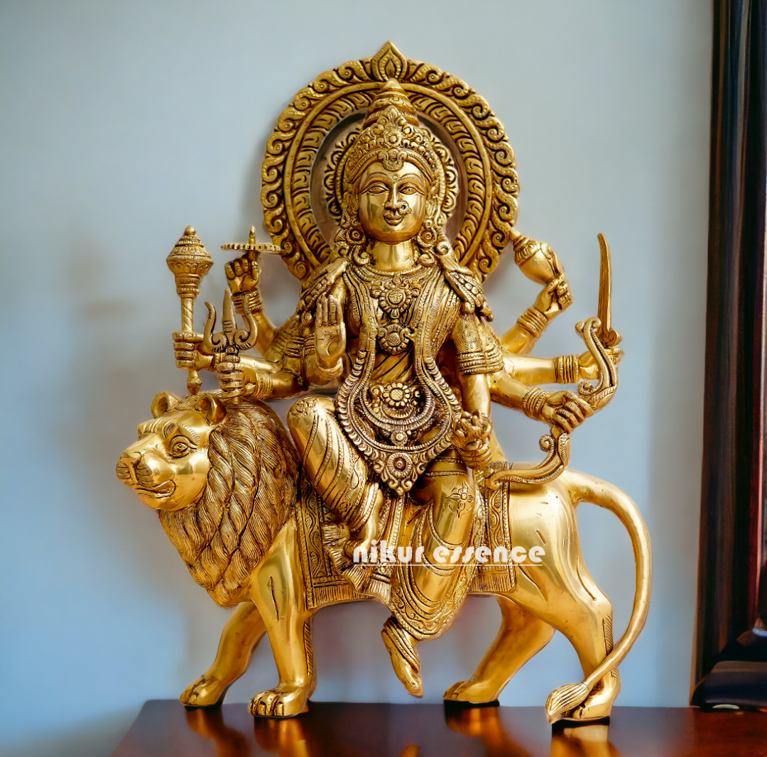 Pure Brass Durga sitting on Lion Idol - 12 inch Nikuressence