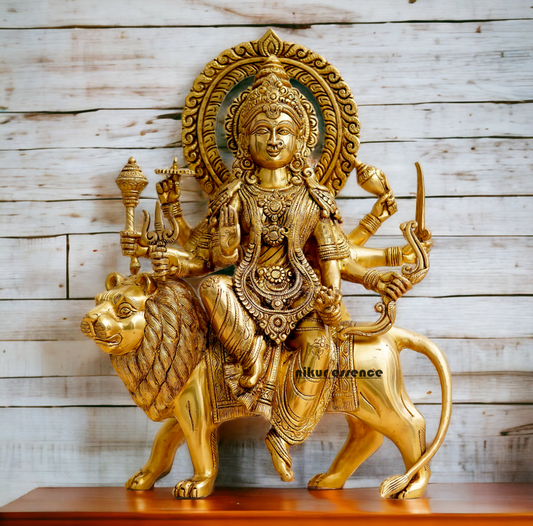 Pure Brass Durga sitting on Lion Idol - 12 inch Nikuressence