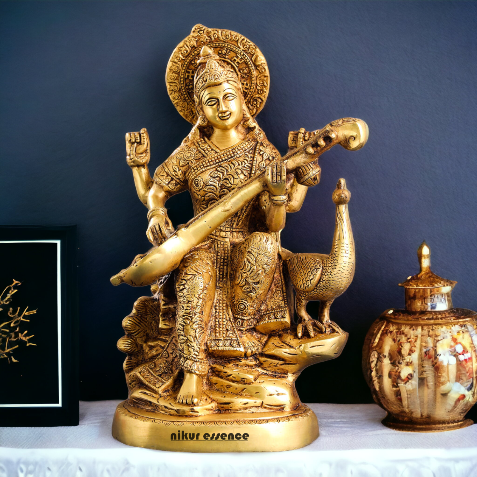 Solid Brass Saraswati Playing Veena sitting on swan idol - 38 cm Nikuressence